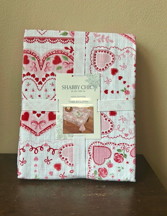 New Shabby Chic Valentines Tablecloth 60”x84” Roses Hearts Love Cotton