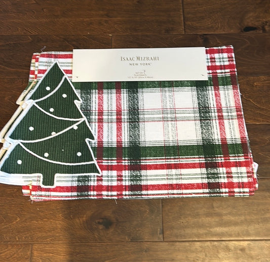 Isaac Mizrahi Set Of 4 Placemats New Christmas Tree Plaid Red Green