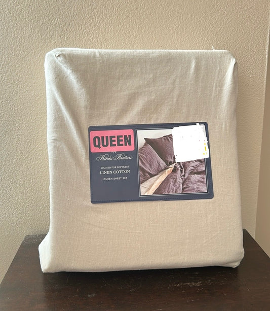 Brooks Brothers Linen Cotton Queen Sheet Set Beige Khaki New Washed For Softness