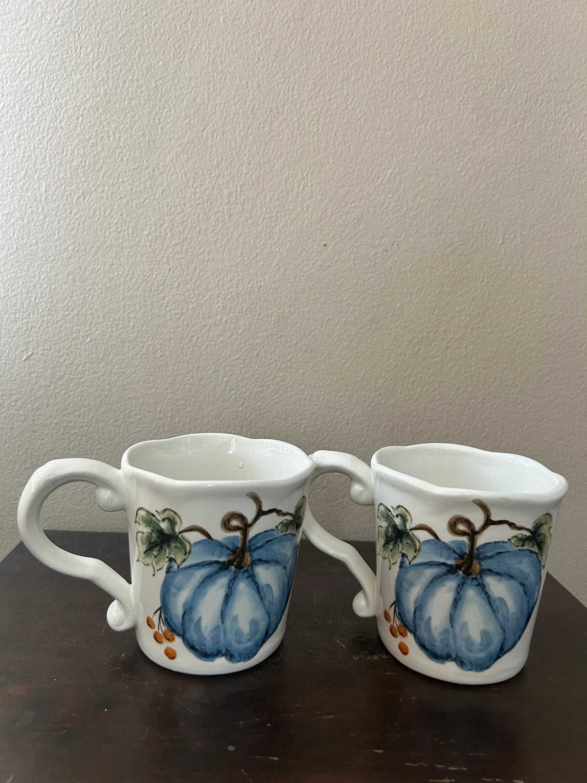 Set Of 2 Pumpkin Fall Coffee Mugs Cups New Thanksgiving Leaves Ceramic Blue