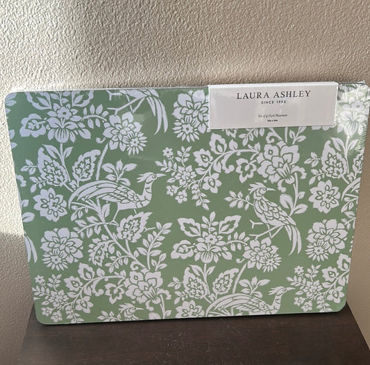 Laura Ashley Set Of 4 Cork Placemats New Floral Birds Spring Green