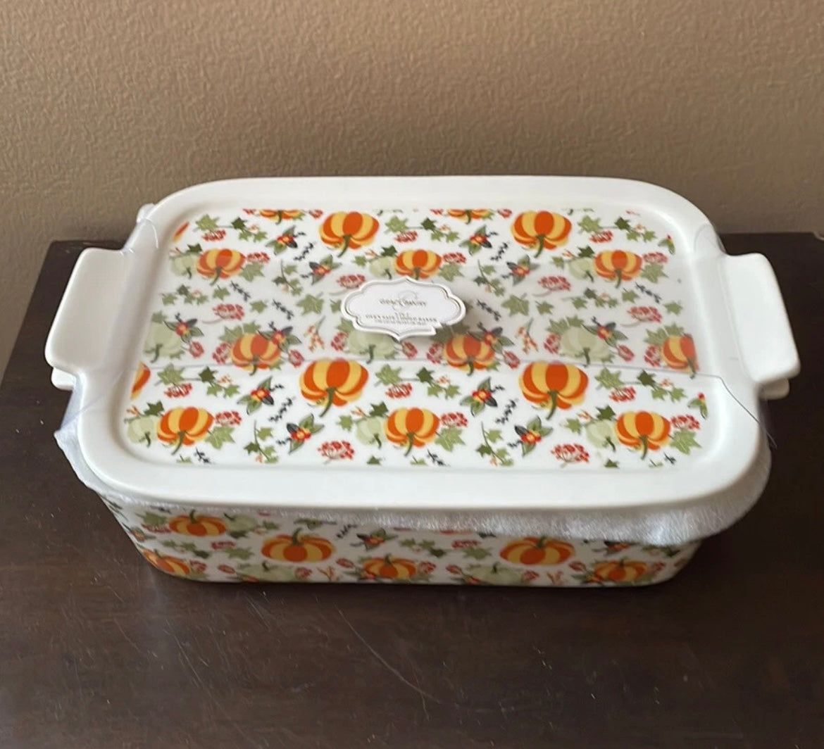 Grace Pantry Pumpkins Rectangular Porcelain Casserole Baking Dish & Lid New