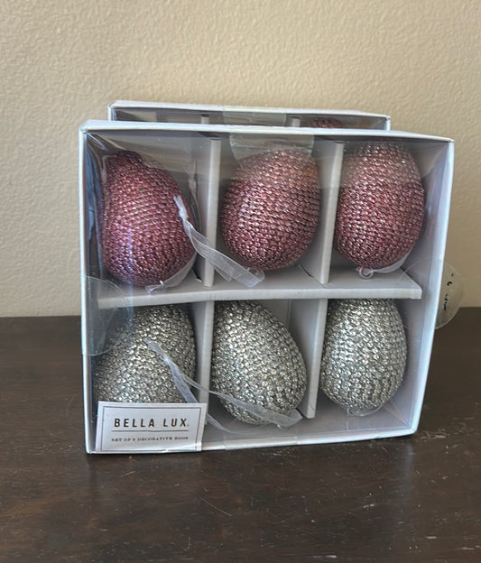 BELLA LUX EASTER EGGS ORNAMENTS 12 PINK SILVER BEADED 2 1/2 IN NIB
