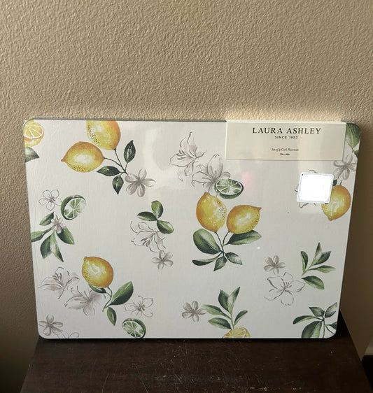 Laura Ashley Set Of 4 Cork Placemats New Lemon Print Floral Spring Summer