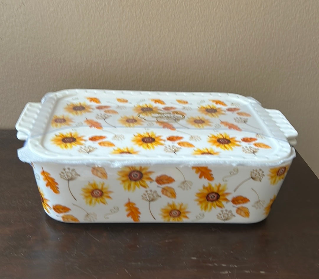 Grace pantry Sunflower Fall Leaves Porcelain Casserole Baking Dish Lid New