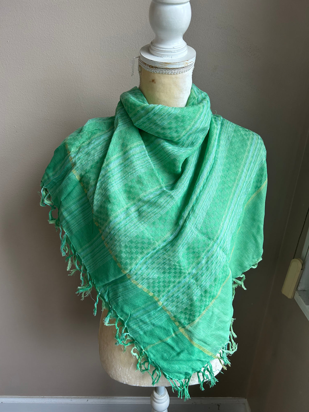 New Womens Scarf Multicolor Green Plaid Fringed Cotton 5002-3102