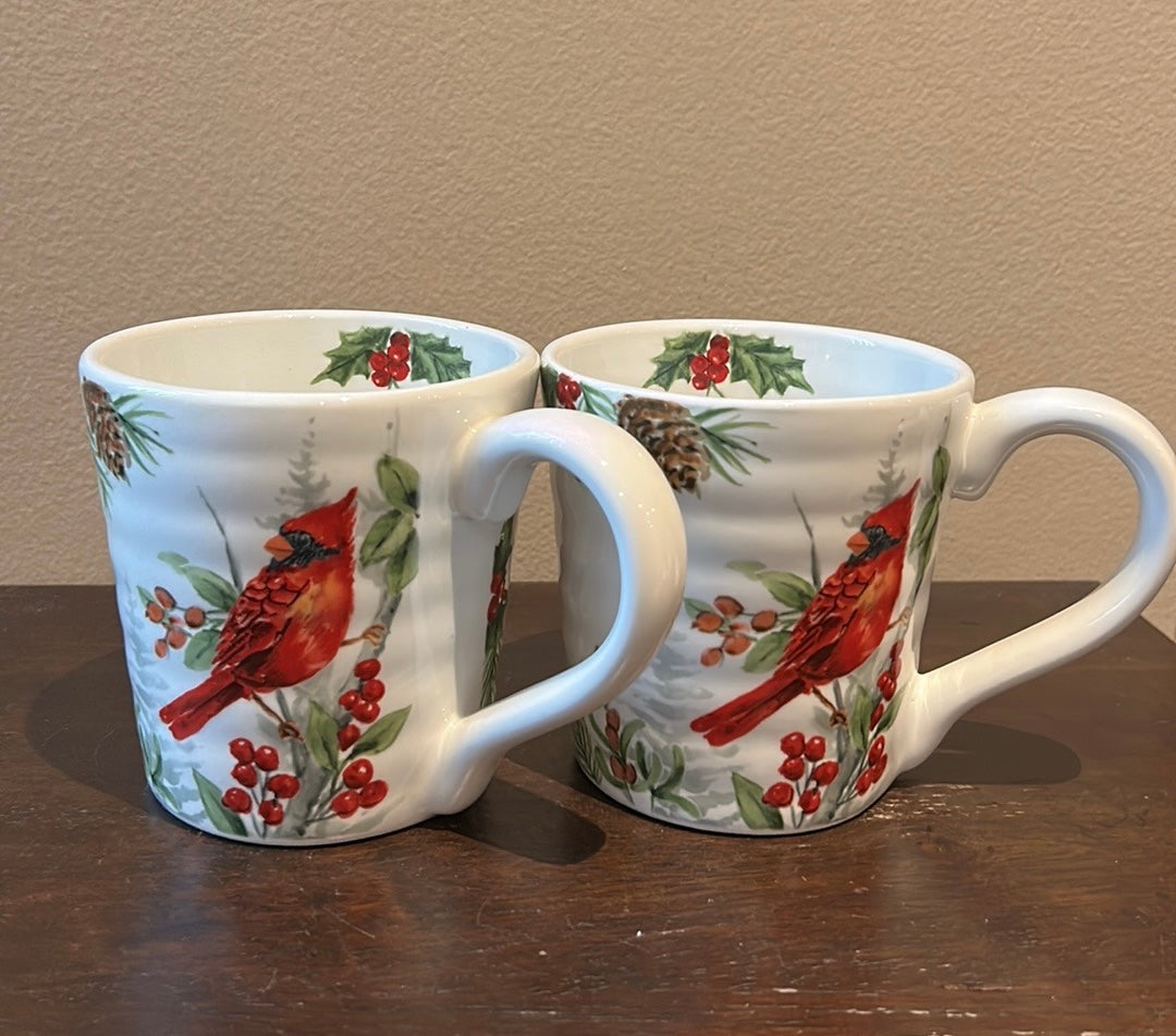 Maxcera set of 4 Christmas Mugs New Red Cardinal  Holly Berries Ceramic