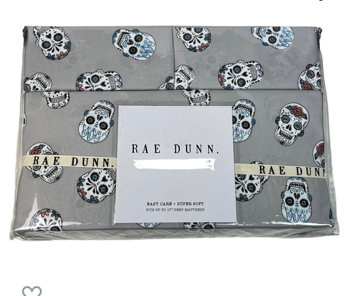 Rae Dunn Halloween Sugar Skulls Skeleton Queen  Size Bed Sheet Set 4 Pieces Gray