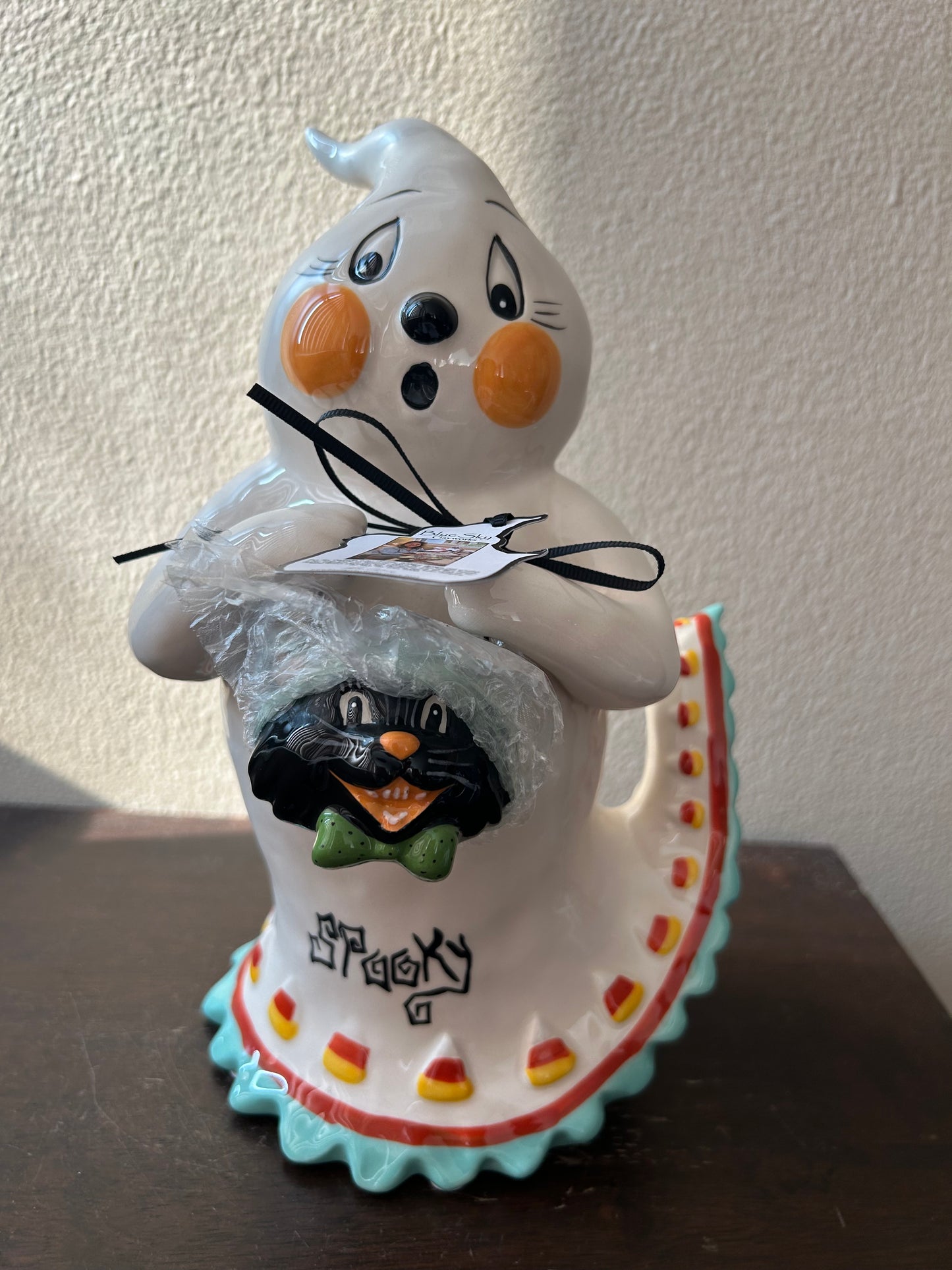Blue Sky Clayworks Goldminc Halloween GHOST With Cat Candy Bowl New 10” Tall