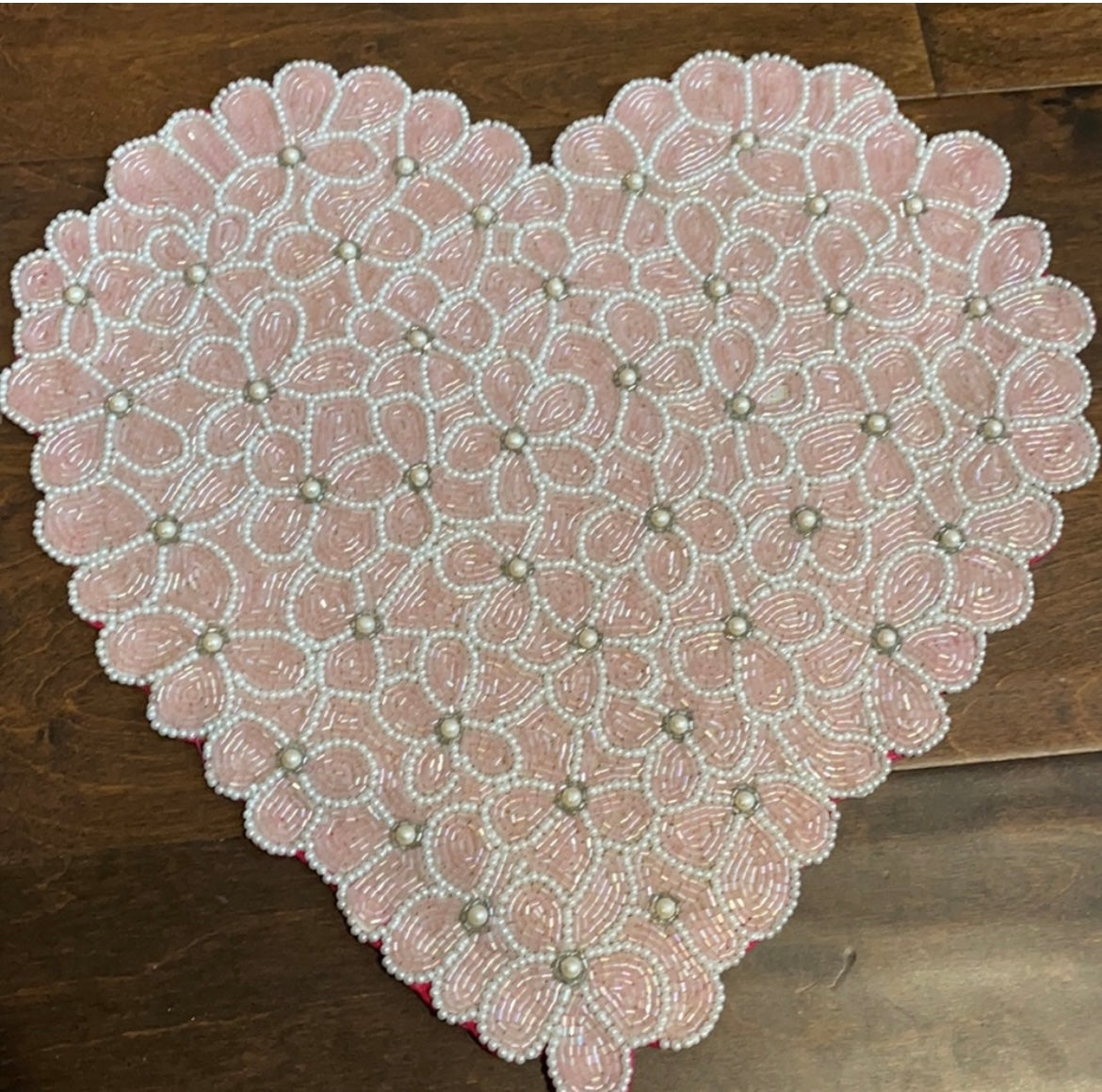Cupcakes & cashmere Beaded Heart Placemat Floral Valentine Pink White Pearl 15"