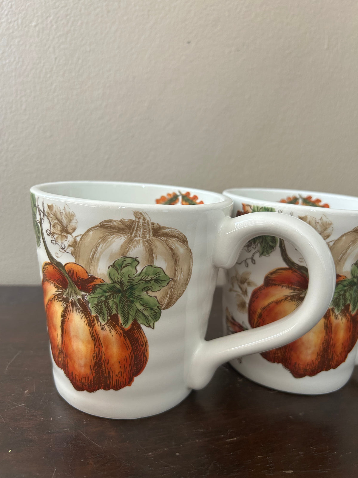 Set Of 2 Pumpkin Fall Coffee Mugs Cups New Thanksgiving Leaves Ceramic