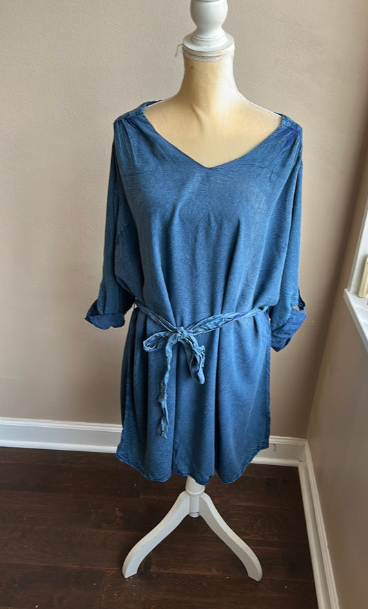 New Womens Plus Sz 2X Stone Washed  Dress Filled Cuff Sleeve Cotton Blue