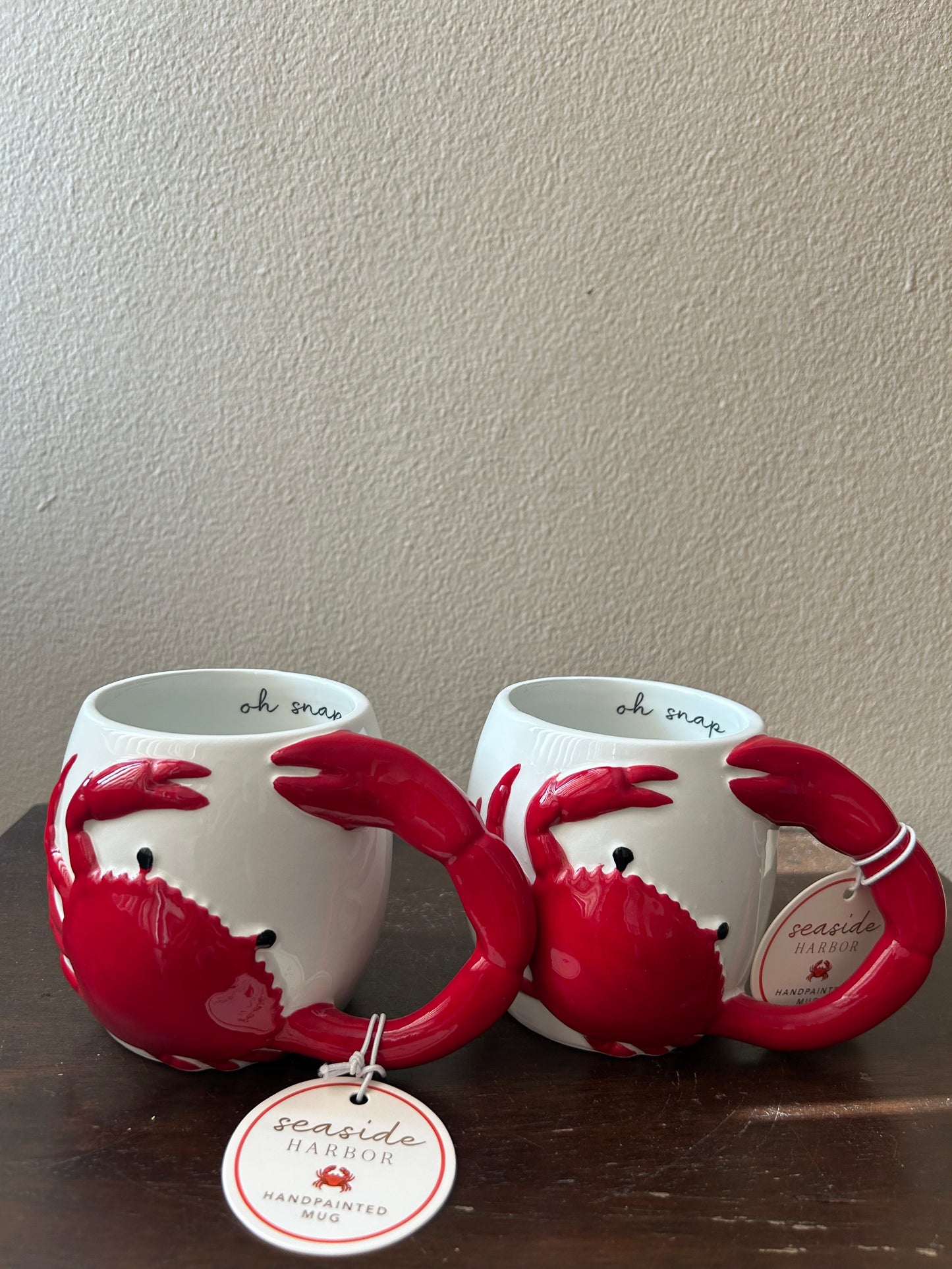 New Sunday Mornings 4 Coffee Mugs Red Crab ”oh Snap” Hand Painted
