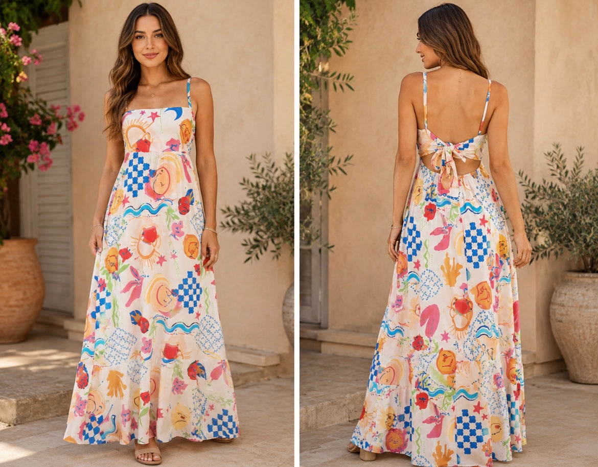 Paper Heart Womens Summer Maxi Dress Sz S Sun Stars Floral Sexy Back  New