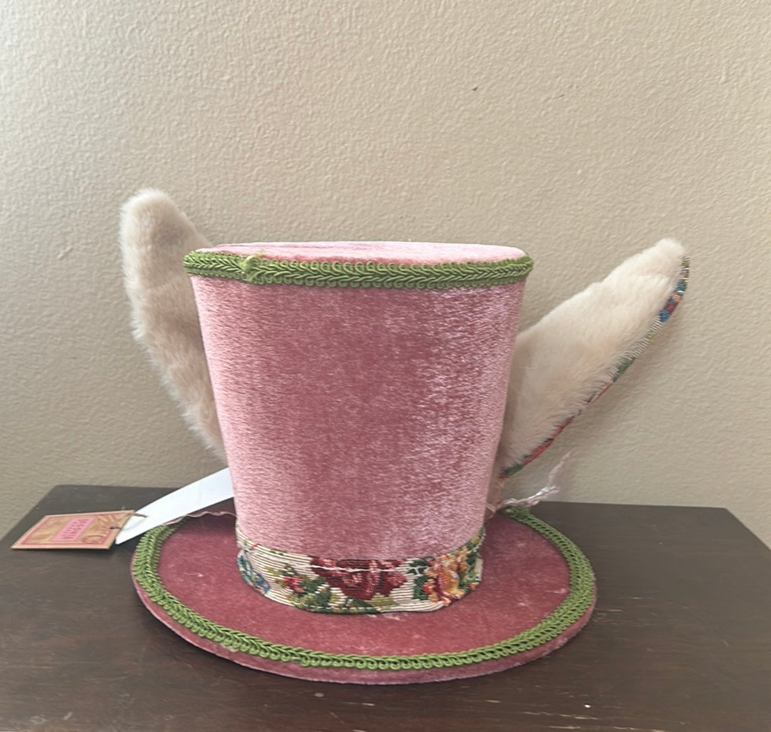 New Madhatter Theme Fabric Decorative Hat With Bunny Ears Easter 6.5” Tall