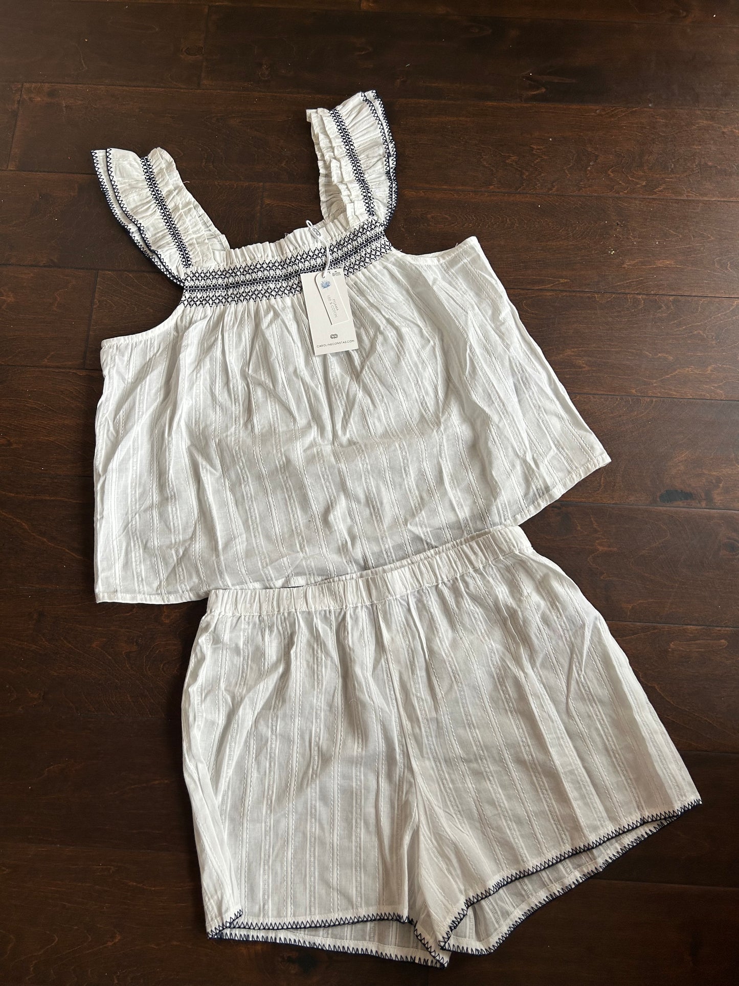 New Caroline Constas Womens Blue White Pajama Set Embroidered Cotton