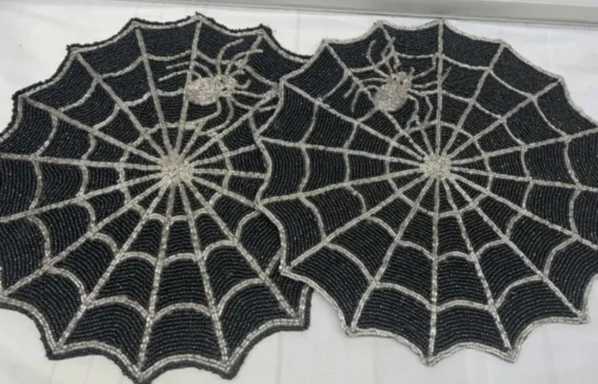 2 pc Halloween Beaded Placemat Charger Black Spider Web Silver New