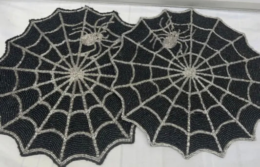 2 pc Halloween Beaded Placemat Charger Black Spider Web Silver New