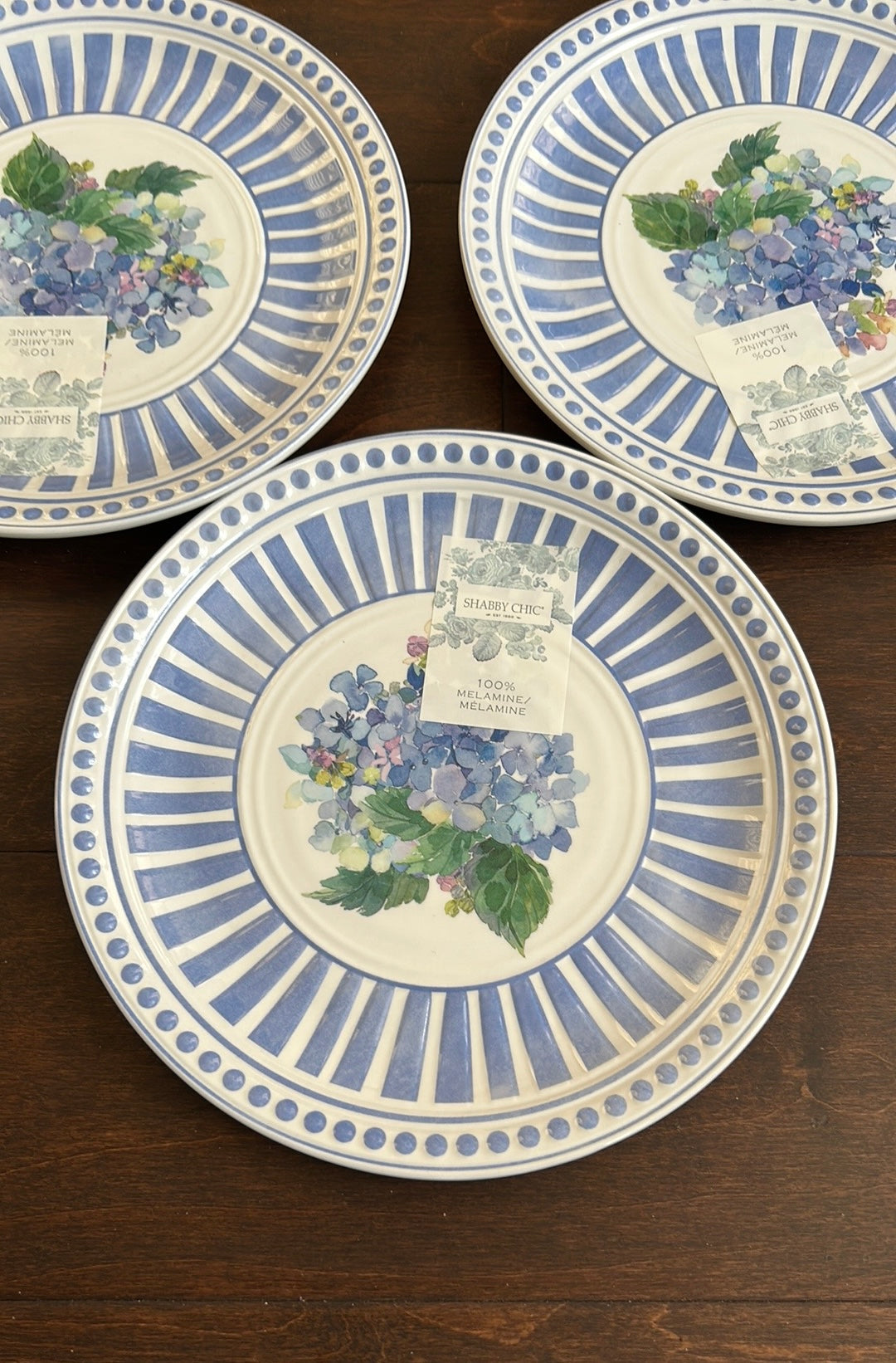 SHABBY CHIC HYDRANGEAS set Of 3 Salad Plates blue purple White 9” Floral