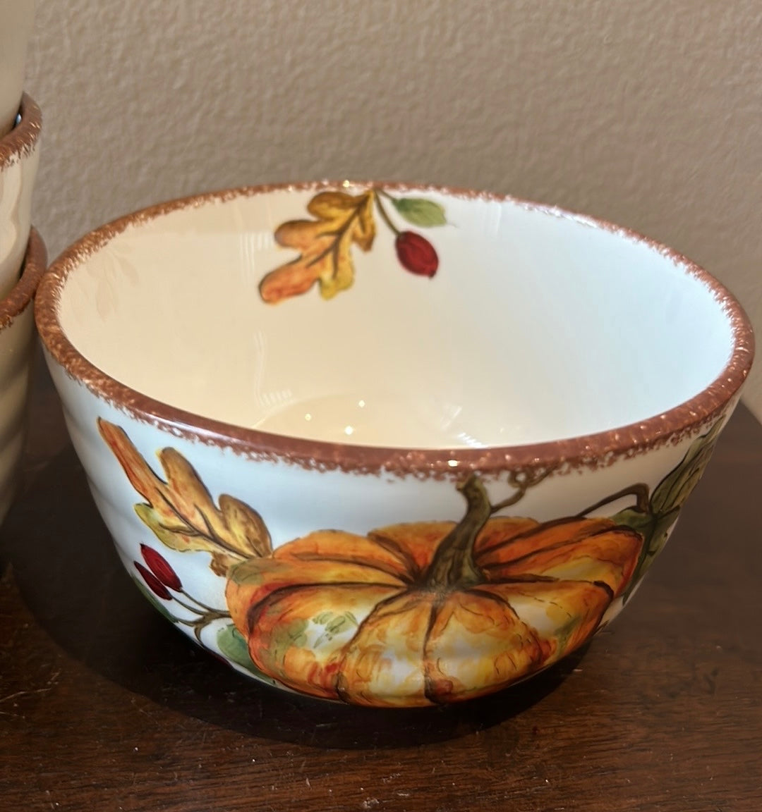 Maxcera Set Of 4 Pumpkin Print Fall Leaves Salad Soup Bowls New Thanksgiving