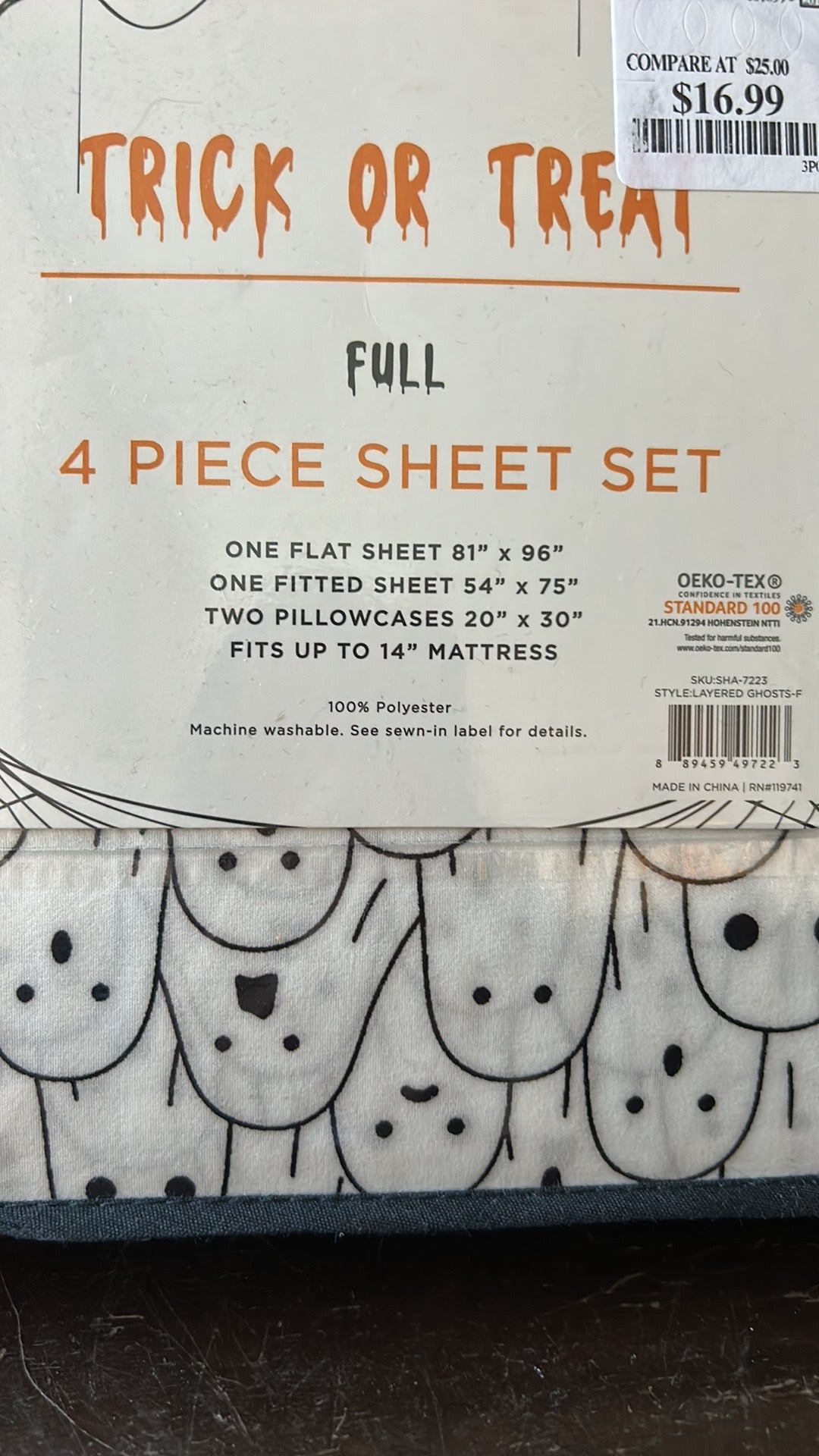 Halloween Trick or Treat Ghost Sheet Set NEW Black White