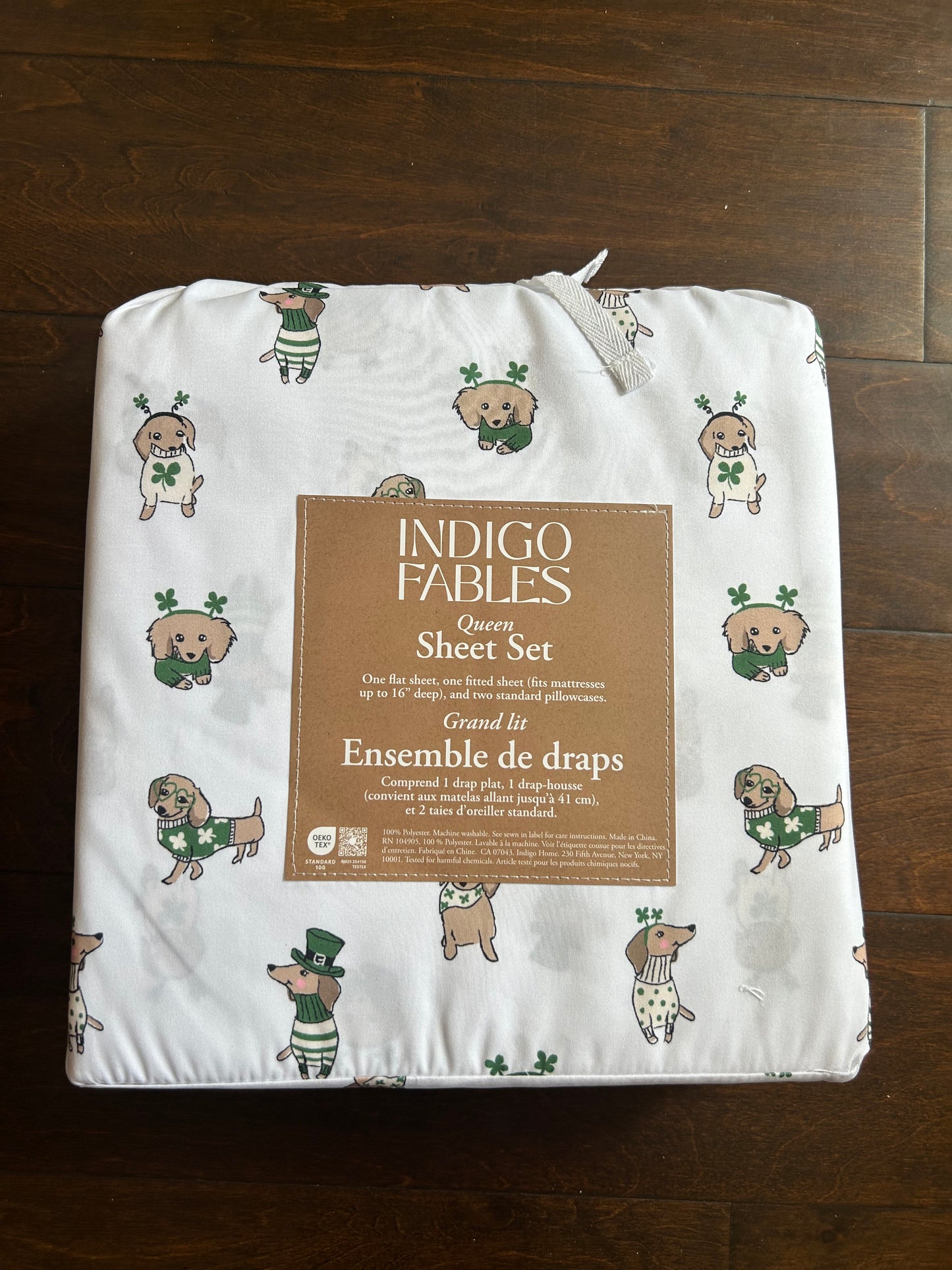 Indigo Fables Queen Sheet Set Leprechaun Dogs St Patrick’s New Daschund