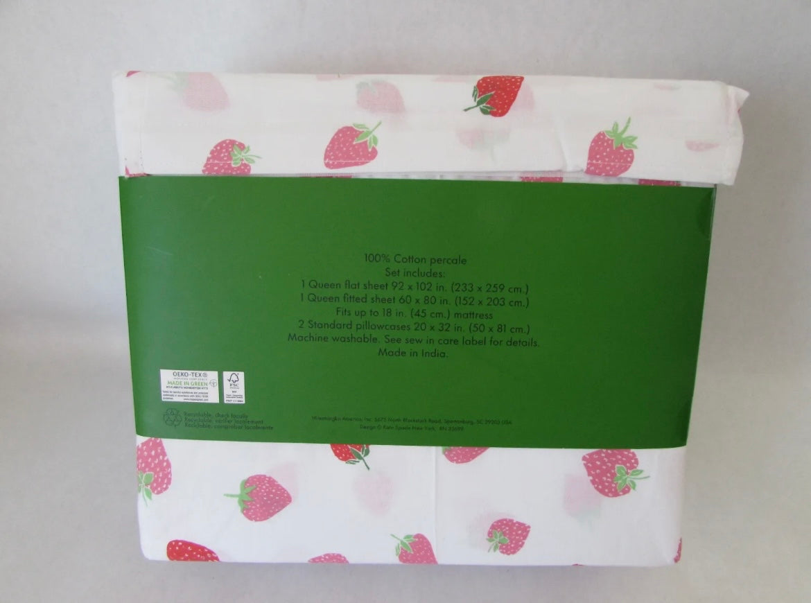 Kate Spade Queen Sheet Set Strawberries Cotton Percale Sheets 🍓 NWT