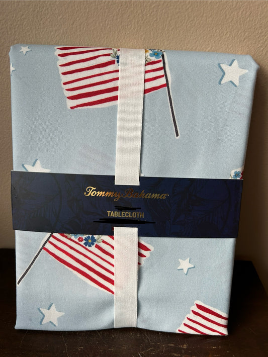 New Tommy Bahama Americana Tablecloth Flag Red White Blue Oblong 60”x84”