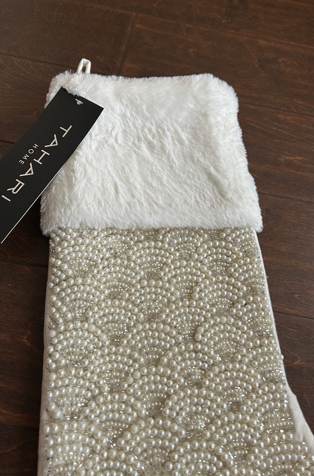 Tahari Beaded Stocking Christmas Faux Fur 22” New Ivory