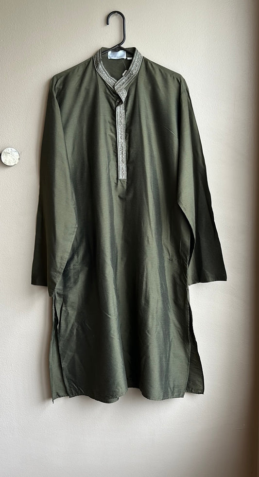 New Men’s Indian Wedding Kurta Embroidered Sz 40 (100 Cm) Olive Green