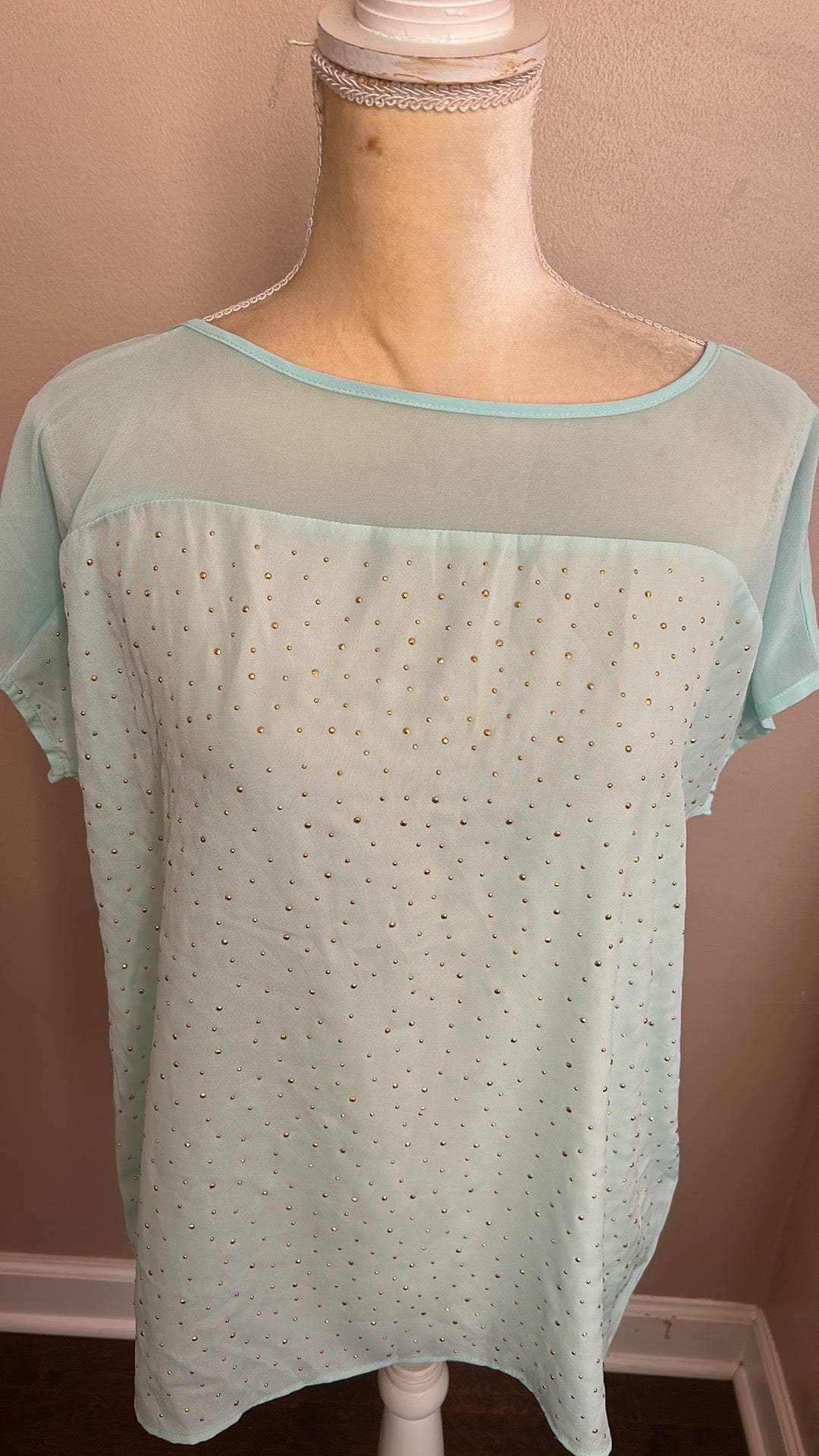 DressBarn Women’s New Top Blouses Green With Gold Dots Sz M ST3225