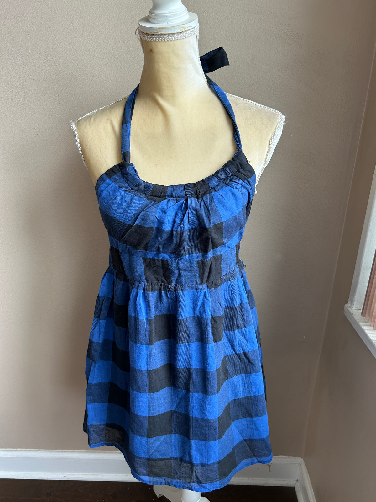 At Last Mini Juniors Dress Sz M Blue Black Plaid Cotton Halter (GSC)