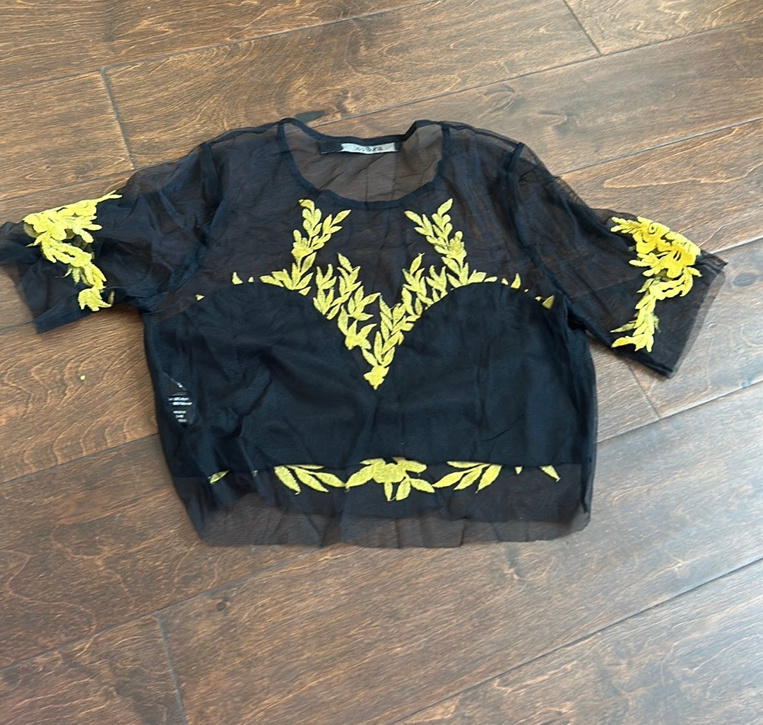 Ark & Co Womens Mesh Blouse New Sz S Black Yellow Cropped Embroidered ST2825