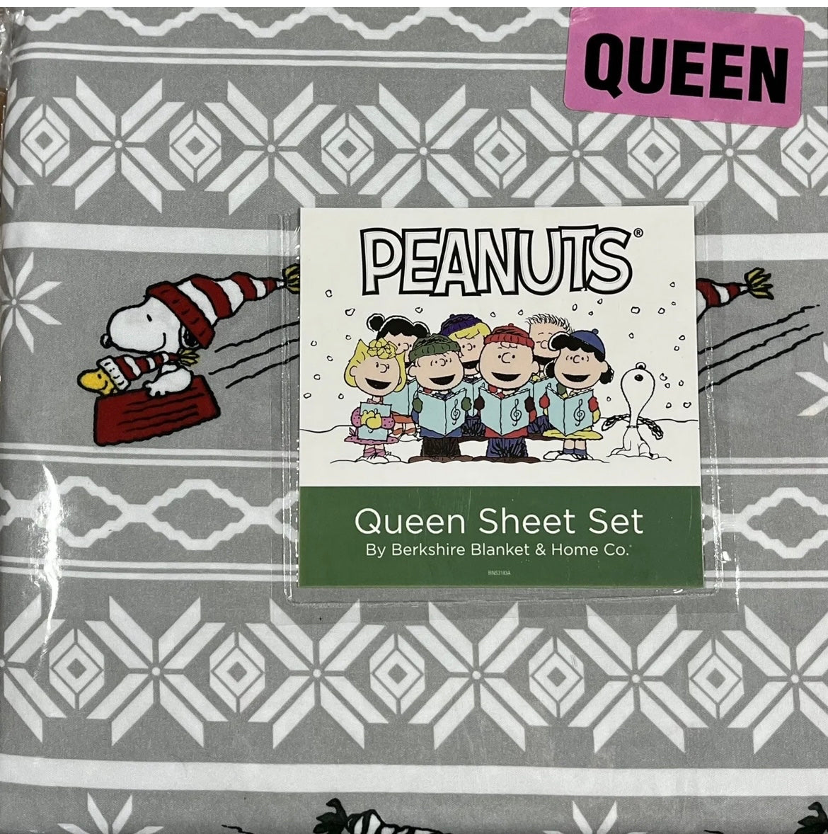 Berkshire Peanuts Christmas Size QUEEN SHEET SET Snoopy Ice Skating Sledding NEW