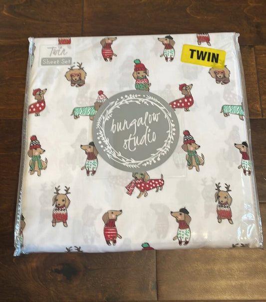 New Bungalow Studio Christmas Festive Dogs  Twin Size Sheet Set New