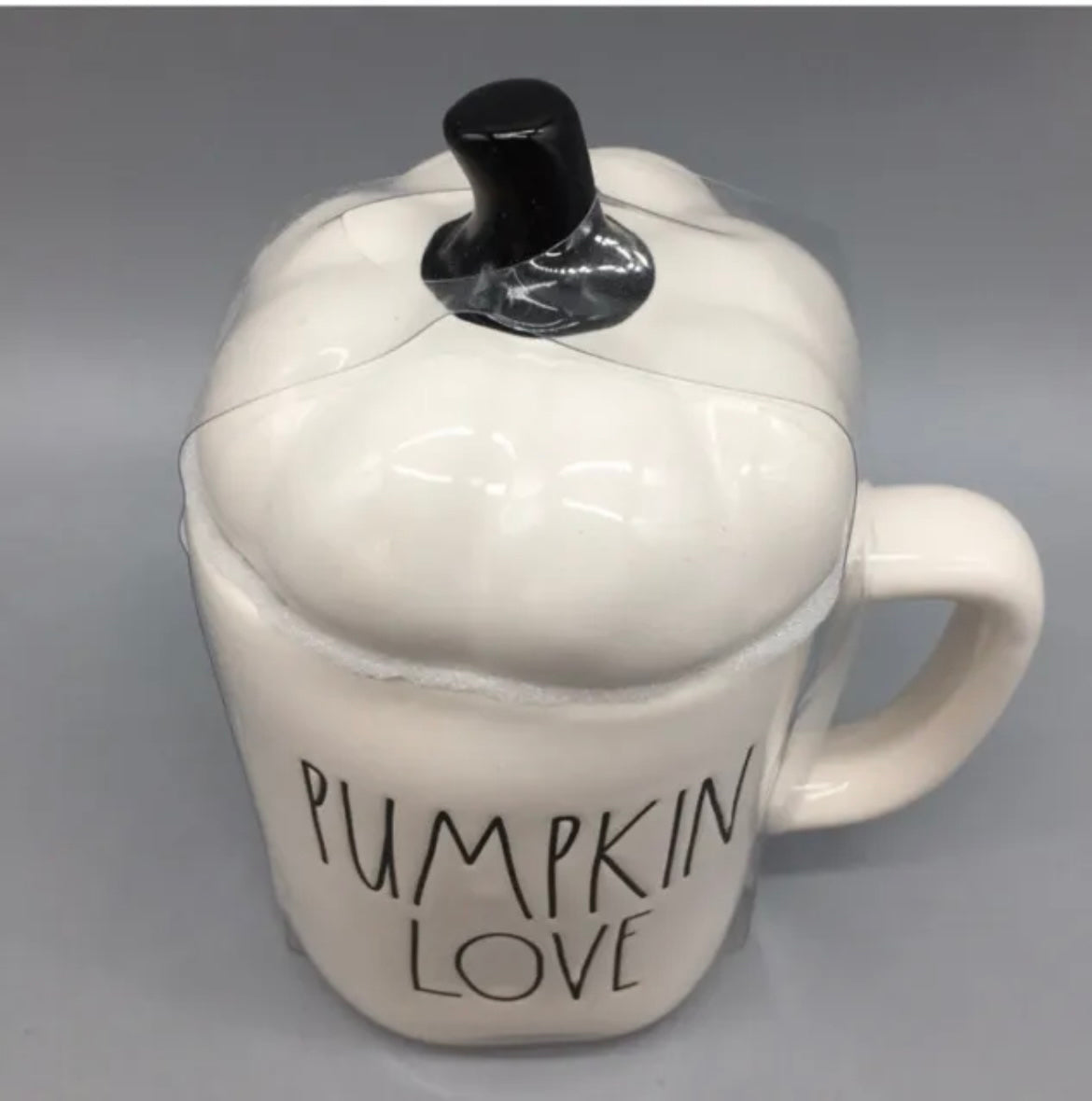 Rae Dunn White PUMPKIN LOVE Mug w Pumpkin Topper Thanksgiving Fall  NEW