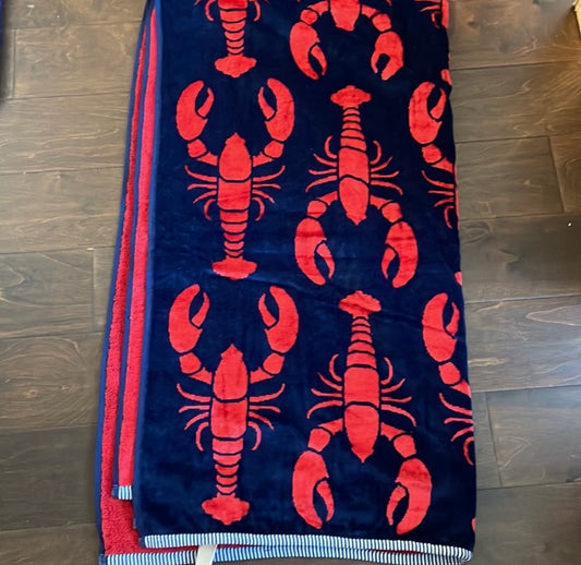 CARO Home Beach Towel Cotton Viscose Lobster print Blue red 36”x68”