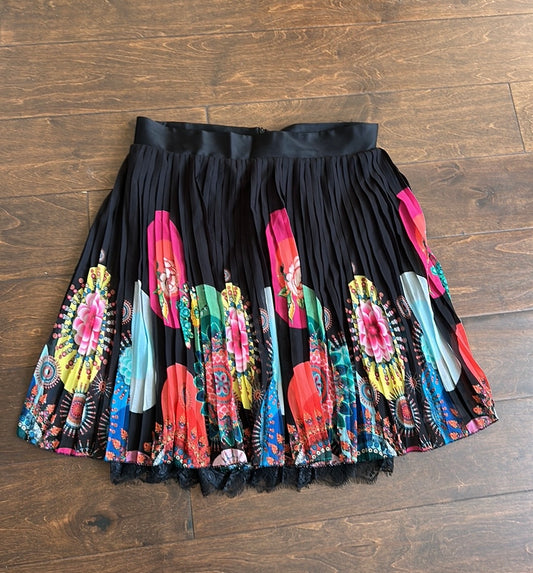 Desigual Pleated Short Skirt Black Colorful Sz 38 New Floral ST2825