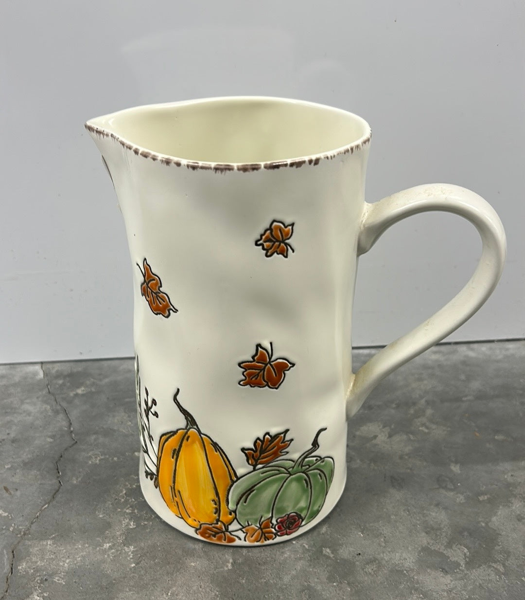 Eli & Ana Fall Thanksgiving Pumpkin Ceramic Pitcher Vase New Etched 7.5” Tall