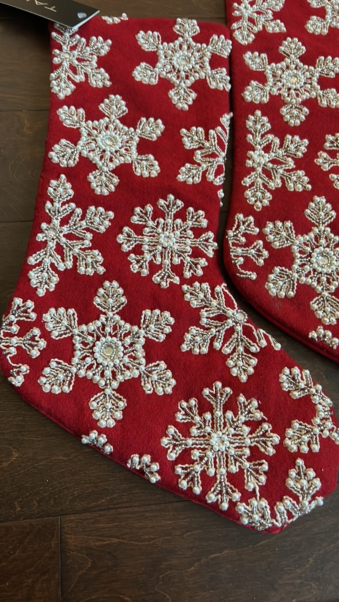 Tahari Embroidered  Stocking Christmas  New Beaded Burgundy Red White Snowflake