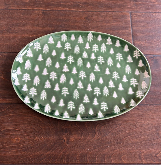 Eli & Ana EVERGREEN Trees Ceramic Oval Serving Platter 12.5” NEW Christmas