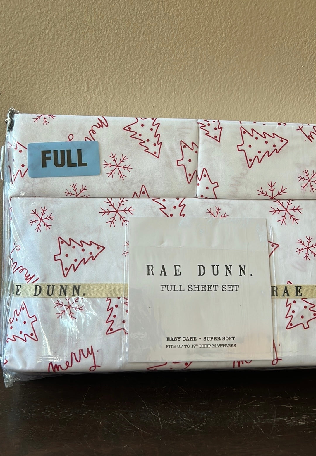 NEW Rae Dunn Merry Full Sheet Set 4 Pc Set Christmas Tree Bed Sheets Red White