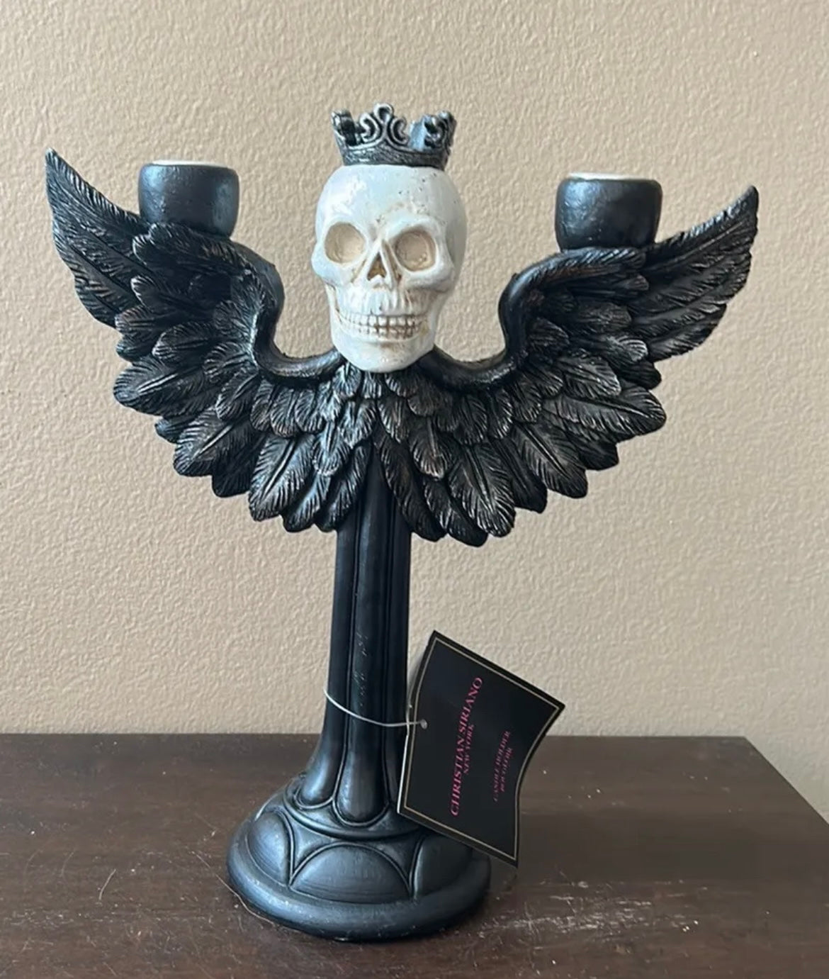 Christian Siriano New Halloween Candelabra holds 2 Candles King Skull witg Wings