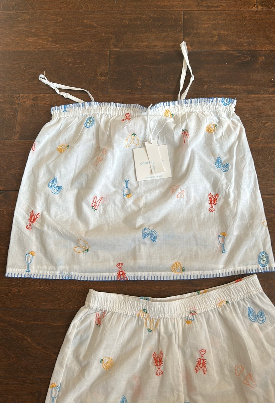 Cynthia Rowley Womens Embroidered Pajama Set Shorts Top New Cotton Sz S Lobster Drinks