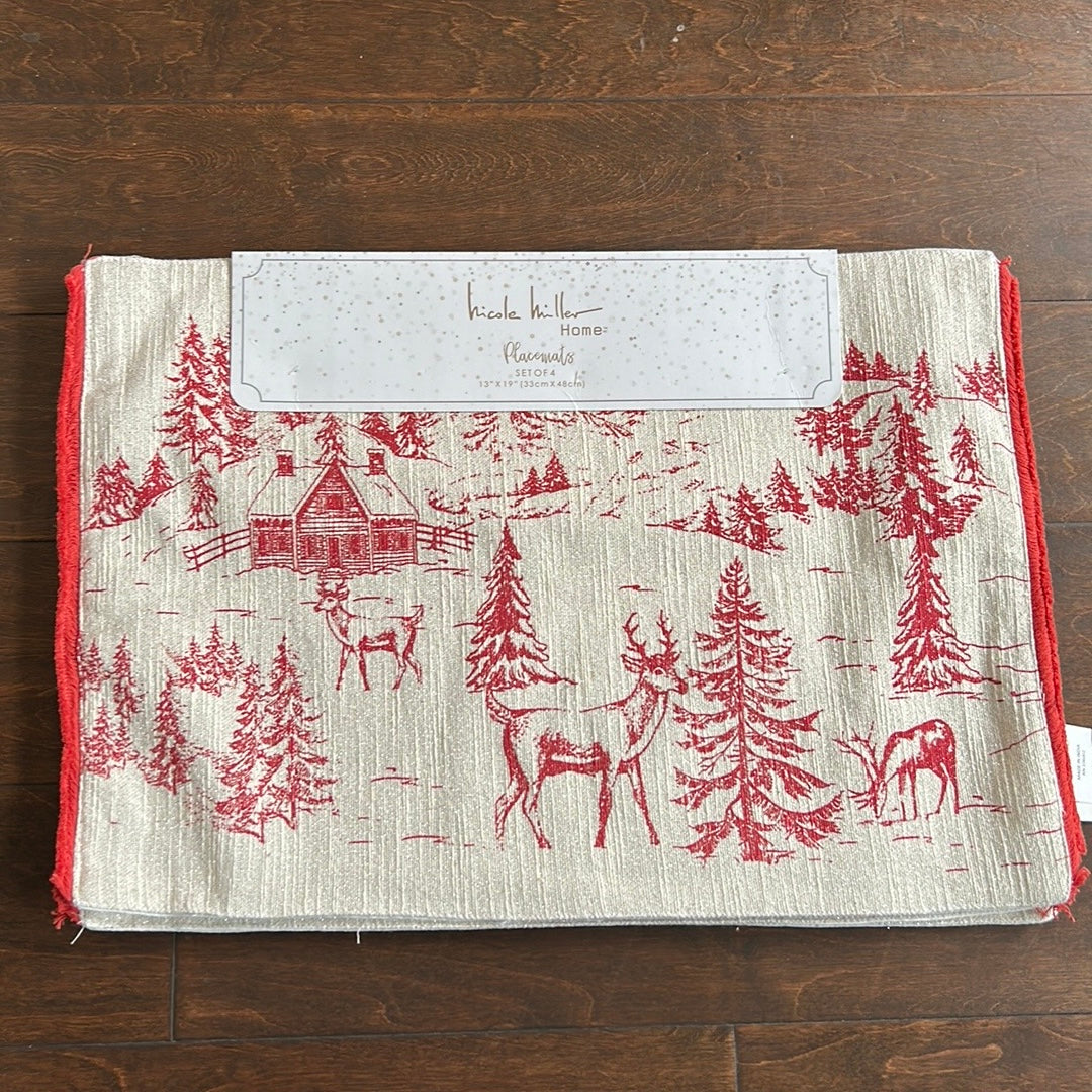 4 Nicole Miller Home Christmas Reindeer Placemats Beige Gold Cotton New