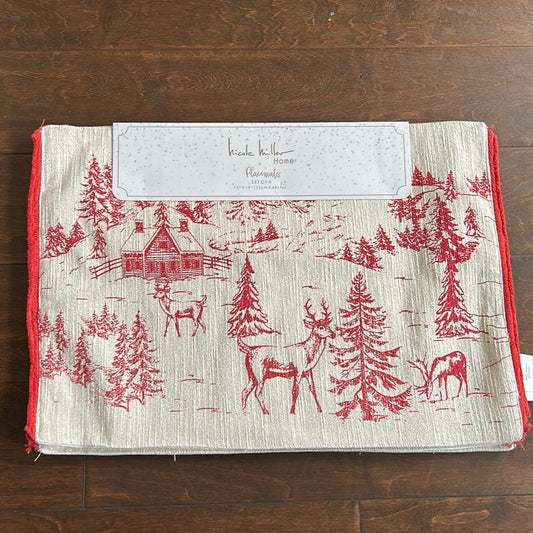 4 Nicole Miller Home Christmas Reindeer Placemats Beige Gold Cotton New