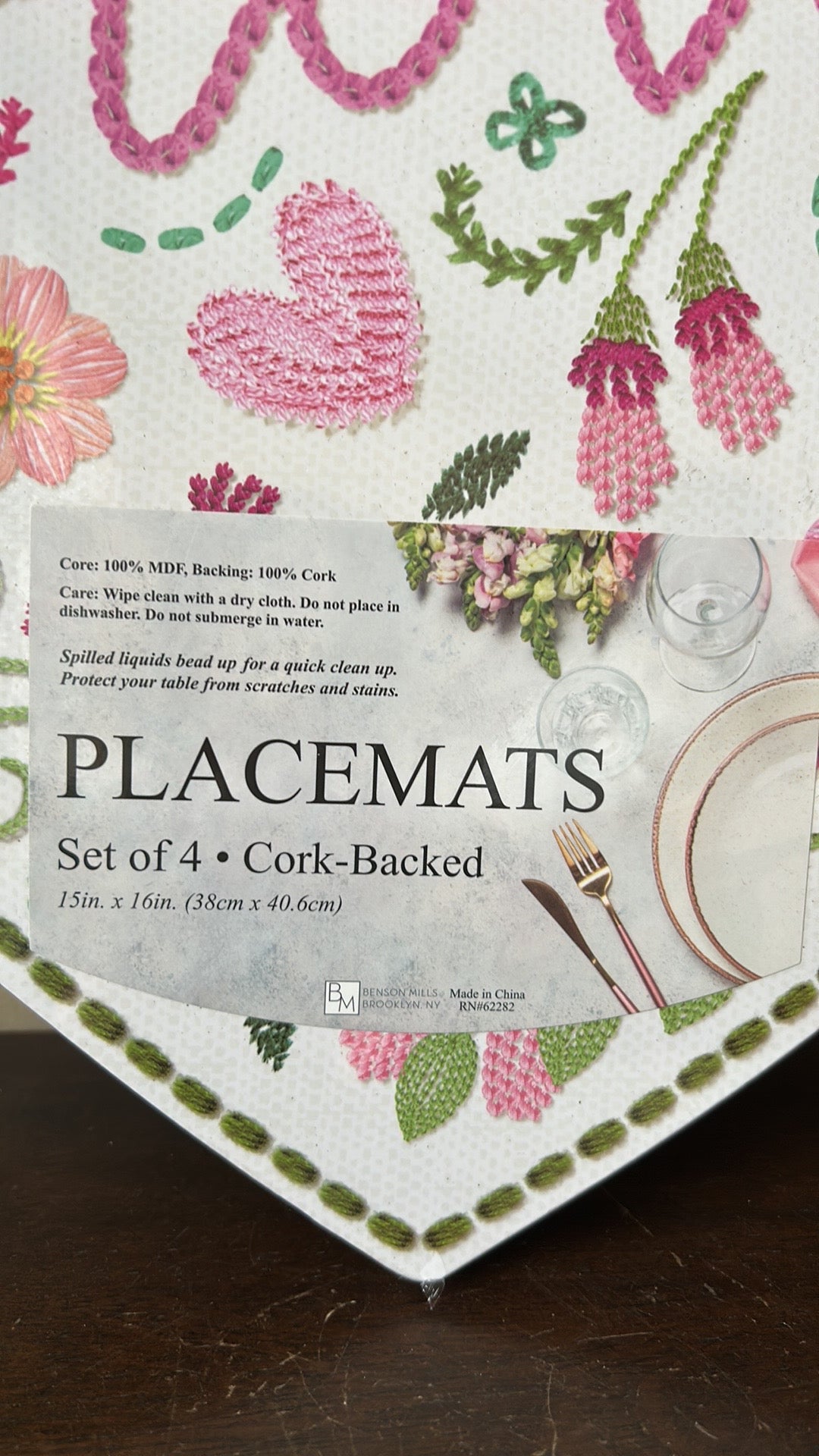 Benson Mills Set Of 4 Cork Heart Shaped Placemats Valentines Day Love Floral New