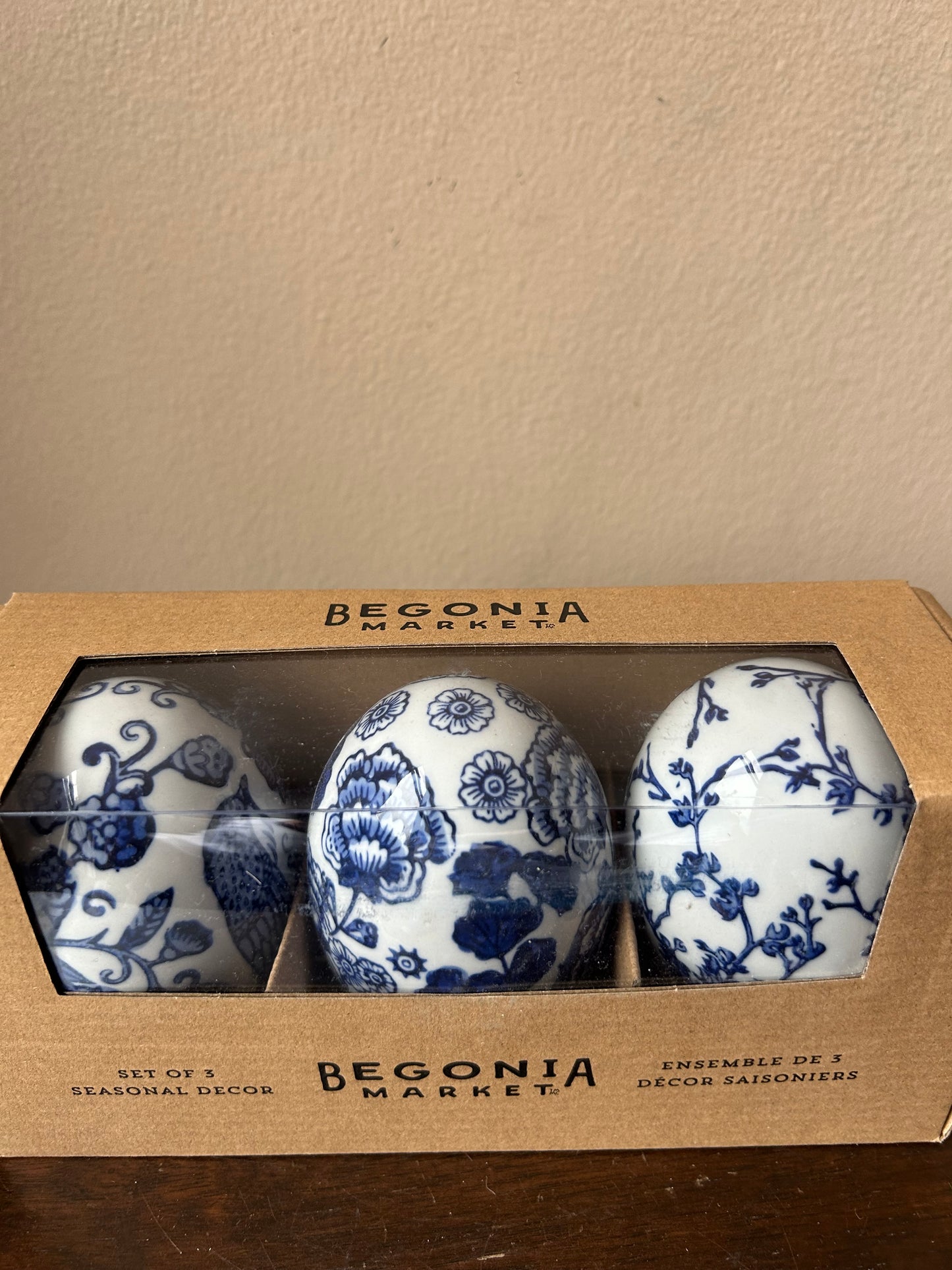 Begonia Market Easter Eggs Set Of 3 Blue White Floral Birds New Ceramic