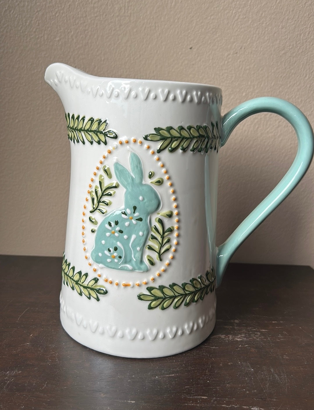 Potters Studio Pitcher Easter Sprung Floral Bunny Rabbit Ceramic New 8.5” Tall