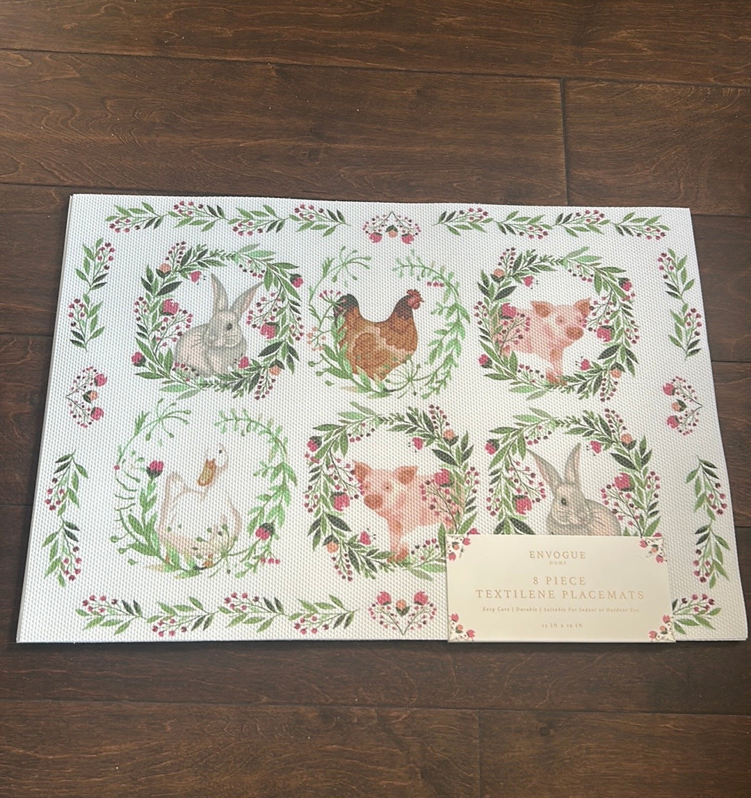 Envogue Set Of 8 Vinyl Placemats New Farmhouse Easter Bunny Pig Duck Hen